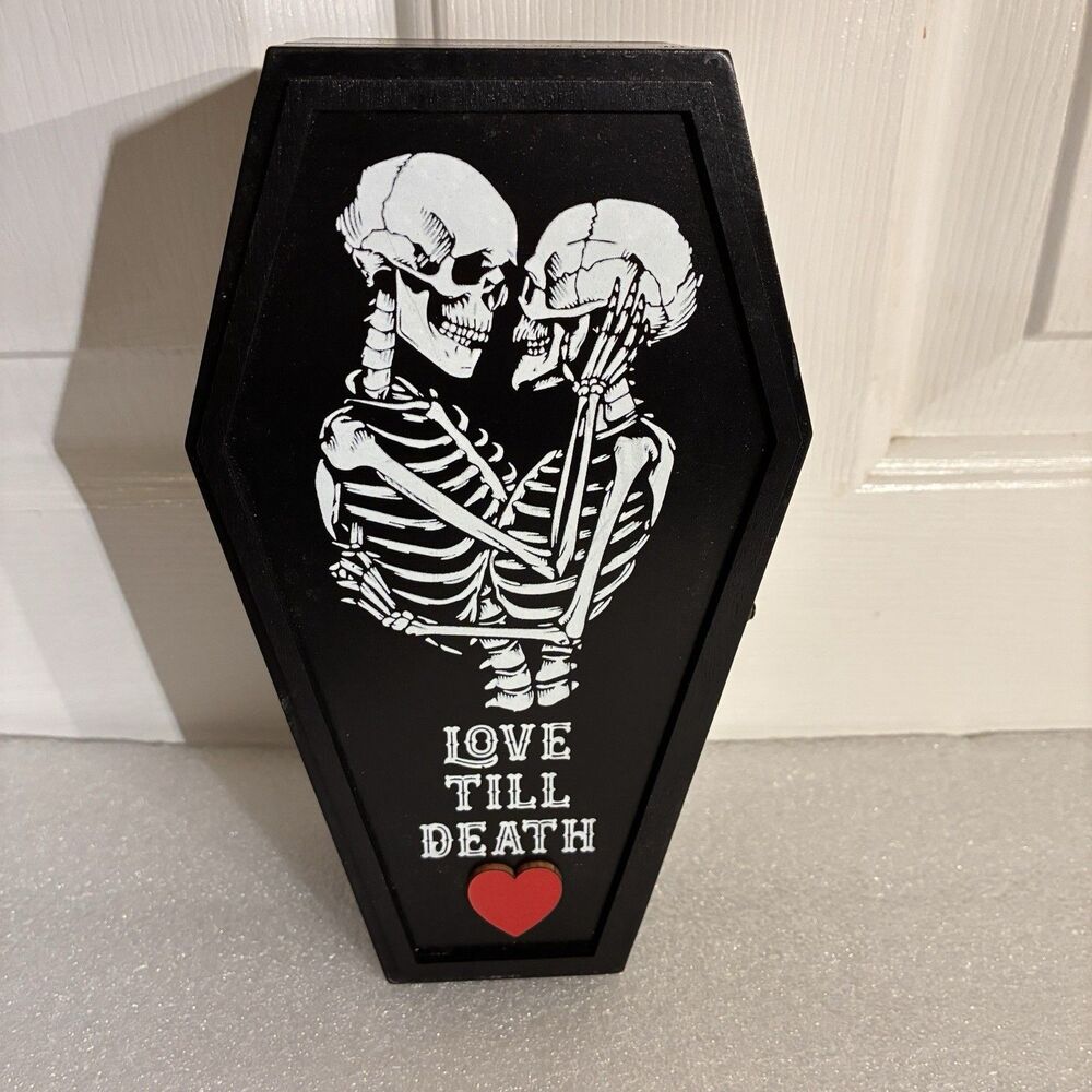 Latched Halloween Storage Coffin With 2 Skeletons Hugging w/ LOVE TILL DEATH